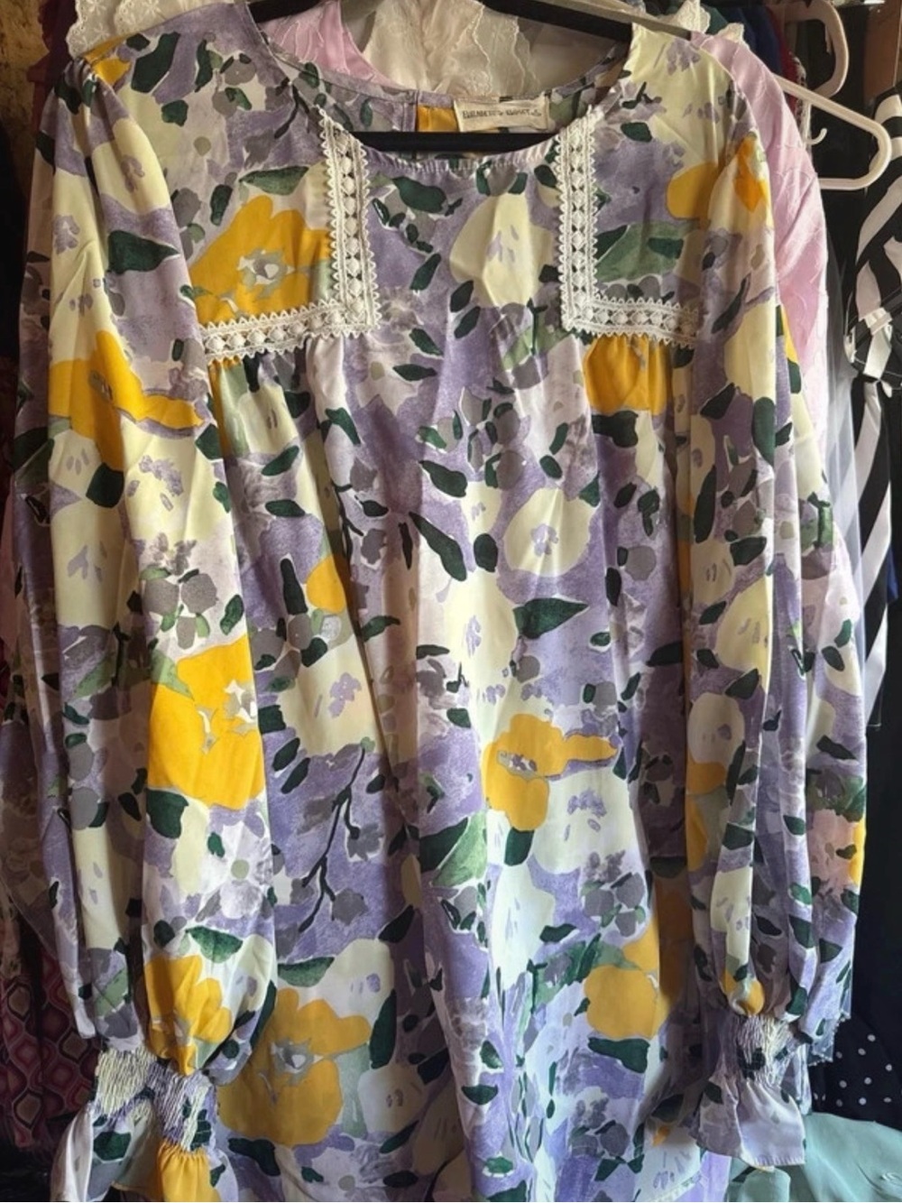 2xl Floral Lace-Trim Long Sleeve Blouse - Lavender, Yellow
